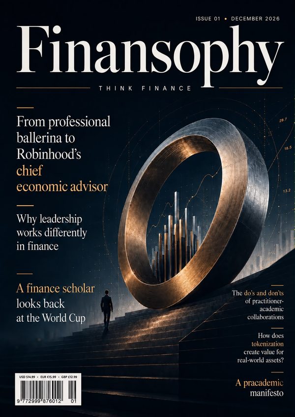 Draft cover of Finansophy Issue 01, December 2026: a bronze ring over rising bar charts, with a figure climbing a flight of steps